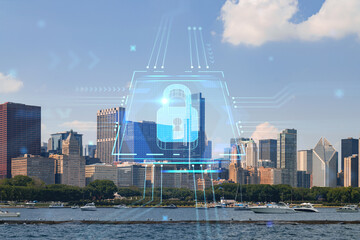 City view of Downtown skyscrapers of Chicago skyline panorama over Lake Michigan, harbor area, day time, Illinois, USA. The concept of cyber security to protect companies confidential information