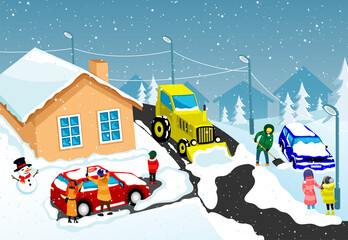 Wall Mural - Drivers clean snow-covered cars from snow on a winter background.