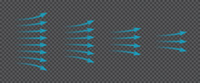 Air Flow. Set Of Blue Arrows Showing Direction Of Air Movement. Wind Direction Arrows. Blue Cold Fresh Stream From The Conditioner. Vector Illustration Isolated On Transparent Background.