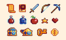 Different Rpg Elements Pixel Art Set. Weapon, Potion, Treasure, Scroll, Food Collection. 8 Bit Sprite. Game Development, Mobile App.  Isolated Vector Illustration.