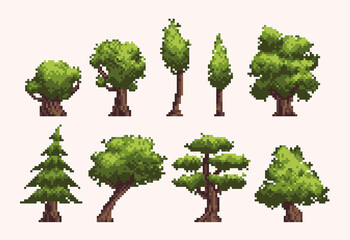 different trees pixel art icon set. forest flora species logo collection. 8-bit sprite. game develop