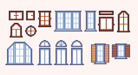 Windows pixel art set. House facade elements collection. 8 bit sprite. Game development, mobile app.  Isolated vector illustration.