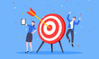© Konstantin - Goal achievement business concept sport target icon and arrow in the bullseye. Happy people jump in the air near giant target flat style design vector illustration.
