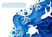 Card And Poster Scene Of Under The Sea And Ocean In Layers Paper Cut Style And Vector Design With White Sea Turtle And Shark, Example Texts.