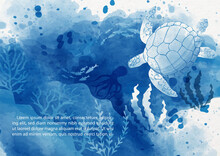 Sea Turtle With The Scene Of Under Ocean In Watercolor Style, Example Texts On White Paper Pattern Background. Card And Poster Of Ocean In Blue Watercolor Style And Vector Design.