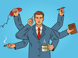 Six armed businessman multitasking metaphor pop art retro vector illustration. Comic book style imitation.