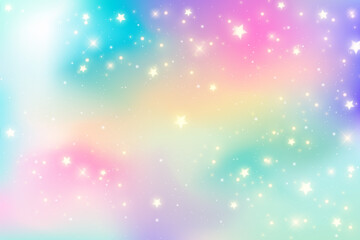 Wall Mural - Rainbow unicorn fantasy background with stars. Holographic illustration in pastel colors. Bright multicolored sky. Vector.