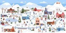 Winter Landscape Of Village In Snow, People On Holidays. Cute Christmas Town Panorama With Families, Children During Outdoor Funs, Activities Outside Of Houses On Vacations. Flat Vector Illustration