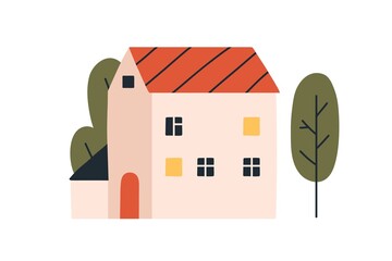 Wall Mural - House facade, exterior and trees outside in Scandinavian style. Cute Scandi country home in nature. Countryside norse building outdoors. Flat vector illustration isolated on white background