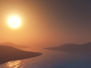 Wall Mural - 3d serene sunset landscape with mountains in lake