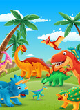 Fototapeta Dinusie - illustration with dinosaurs scenery with cartoon jurassic jungle