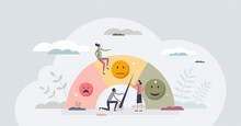Sentiment Analysis As AI Technology For Opinion Mining Tiny Person Concept. Artificial Intelligence Tool With Machine Emotions And Feeling Recognition For Automatic Evaluation Vector Illustration.