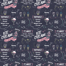 Ice Cream Seamless Pattern With Hand Drawn Chalk Elements And 
Lettering On Dark Background. Vector Illustration