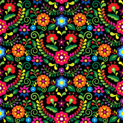 Poster - Mexican folk art vector seamless pattern with flowers, textile or fabric print design inspired by traditional embroidery ornaments from Mexico on black
 