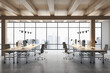 Front view on stylish workspace rows with modern computers on concrete floor in spacious coworking office with wooden ceiling and city view from huge window. 3D rendering
