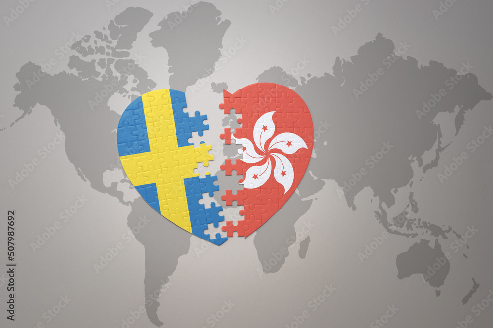 puzzle heart with the national flag of sweden and hong kong on a world ...