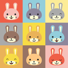 Wall Mural - Set of various avatars of bunny facial expressions. Adorable cute baby animal head vector illustration. Simple design of happy smiling animal cartoon face emoticon. Graphics and colorful backgrounds.