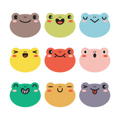 Wall Mural - Set of various avatars of frog facial expressions. Adorable cute baby animal head vector illustration. Simple flat design of happy smiling animal cartoon face emoticon. Colorful on a white background.