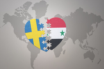 Wall Mural - puzzle heart with the national flag of sweden and syria on a world map background. Concept.