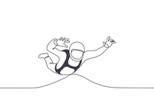 Man In Helmet Flies With Parachute Not Opened Yet - One Line Drawing Vector. Concept Solo Parachute Jump, Soldier, Paratrooper, Scout, Military