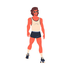 Poster - Retro Dressed Man Roller Skater in Shorts Roller Skating and Smiling Vector Illustration