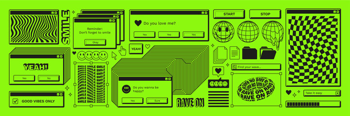 Old computer aestethic. Retro pc elements, user interface, operating system, windows, icons, smile in trendy y2k rave retro style. Sticker pack of retro pc illustrations. Nostalgia for 1990s -2000s.