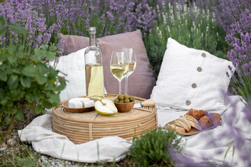 Wall Mural - Glass of white wine in a lavender field. Violet flowers on the background.