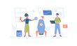 © vectorhot - Business startup. Man and woman preparing a rocket for launch. Project success, business planning.  Cartoon modern flat vector illustration for banner, website design, landing page.