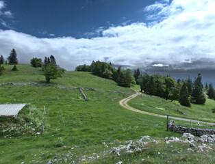 Le Suchet, Switzerland - May 2022 : Hiking to the Suchet mountain (1587 m) in the Swiss Jura Mountains
