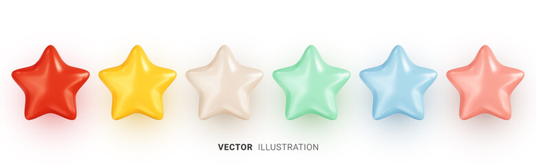 set of colorful stars. collection of realistic 3d multicolored vector star shapes on white backgroun