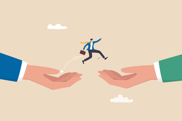 Wall Mural - Change job or career, escape from toxic office, determination and courage to change to better place, improvement or progression concept, confidence businessman jumping from giant hand to new place.