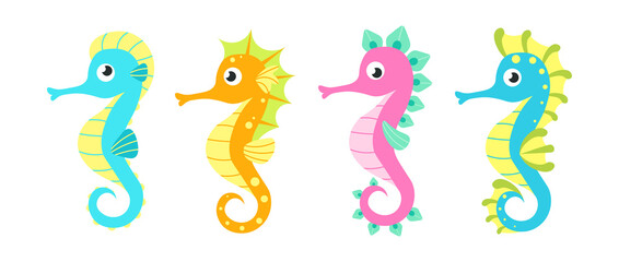 Set of multicolored seahorses in cartoon style. Vector illustration of charming characters aquarium seahorses with bubbles around.