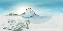 Shaman Rock On Olkhon Island In Winter, Lake Baikal. Panorama 360 180 Degree.