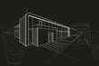 Linear architectural sketch residental building - cottage perspective on black background