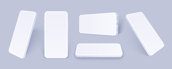 white phone mockup, realistic mobile device in different angles and perspective. 3d clay smartphone 