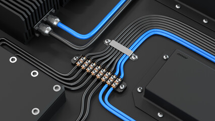 The concept of a dark background with elements of electrical parts. Terminal box with wires. High voltage cables are connected to the equipment blocks. Neat wiring close-up. 3d illustration