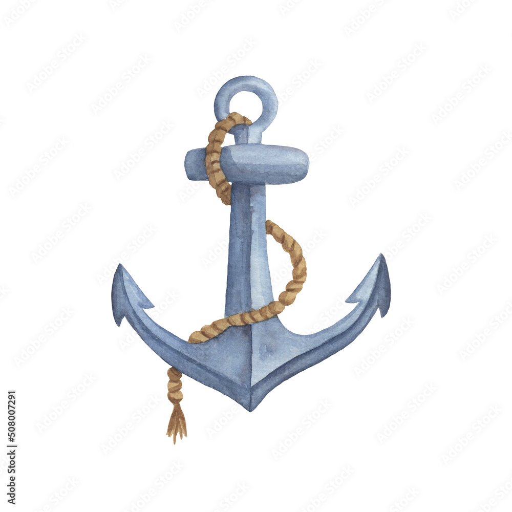Watercolor vintage classic anchor with rope isolated on a white ...