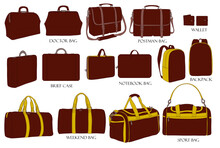 Types Of Bags For Men. Color Set Illustration. Doctor Bag, Postman Bag, Backpack, Weekend, Wallet, Brief Case, Sport Bag, Notebook Bag. Collection Of Luxury Modern Accessories.