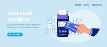 Contactless Payment. Human Hand Holding Credit Or Debit Card Close To The POS Terminal To Pay. Transaction By NFC Technology. Vector Design
