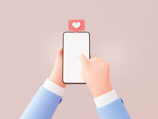 Fototapete - Hand holding mobile with love notification alert on chat speech bubble notice reminder 3d cartoon illustration