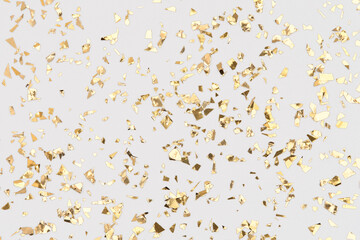 Wall Mural - golden confetti on white background, falling gold foil, festive backdrop for party.