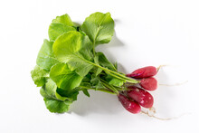 Freshly Picked Homegrown Radishes With Leaves On A White Background. Close-up.