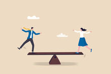 Gender Equality, Treat Female And Male Equally, Diversity Or Balance, Fairness And Justice Concept, Businessman And Businesswoman Balancing On Equal Seesaw.
