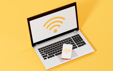 A laptop and a mobile phone with yellow background, 3d rendering.