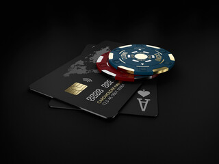 Wall Mural - 3d Rendering of casino gold chips and black play cards with bank card