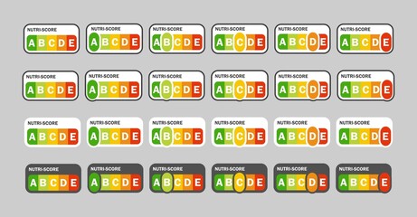 Nutri-score icons set. Isolatad Nutriscore stickers for packaging on white background. Food rating system signs : A, B, C, D, E. Vector illustration.