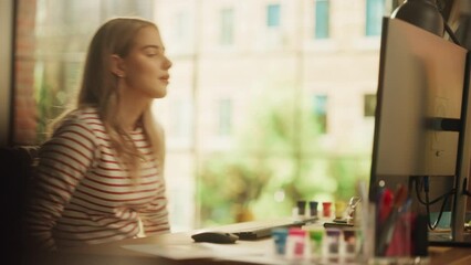 Leinwandbilder - Teenage Female Student Sits Down at her Desk and Starts Working on the Project. Woman Browsing Internet and Preparing Do her Tasks. E Learning Concept