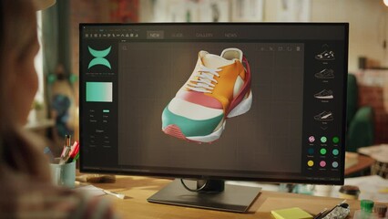 Leinwandbilder - Over the Shoulder View of Teenage Female Comes Up with Design of Sneakers by Reproducing It in the Program for 3d Visualisation. She Changes Colour and Looking at Model from Different Sides. Close Up