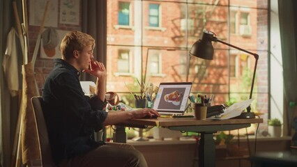 Poster - Caucasian Man Design at Video Game at His Personal Computer in a Creative Office Space.Man Designing Video Game Clothing at His Laptop. Cool Game with Graphics and Fun Social Media Metaverse Gameplay