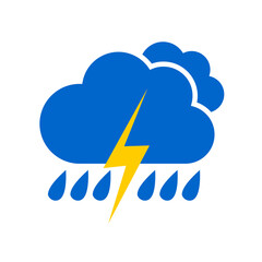 Blue cloud with raindrops and yellow lightning. Stormy rainy weather forecast icon with downpour and thunderstorm isolated on white background. 